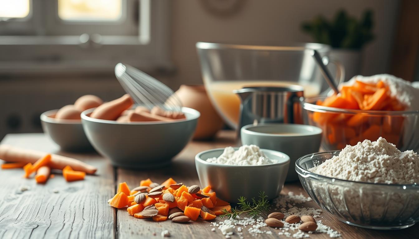 A still life arrangement of ingredients for carrot almond muffins on a rustic wooden table. In the foreground, neatly arranged are freshly grated carrots, chopped almonds, and a bowl of flour. In the middle ground, a mixing bowl filled with wet ingredients sits alongside a whisk and measuring cups. The background features a soft, natural lighting filtering through a window, casting a warm glow over the scene. The overall mood is cozy and inviting, evoking a sense of homemade baking.