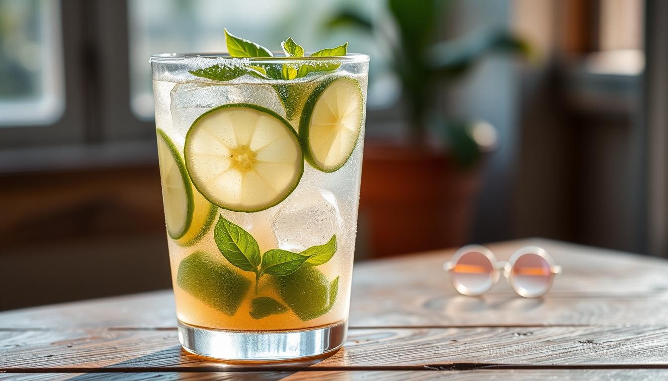 A refreshing glass of "Pertimbangan Es Timun Selasih" sits on a rustic wooden table, illuminated by soft natural light. The icy beverage features slices of fresh cucumber, vibrant green basil seeds, and a slice of juicy lime, creating a visually appealing and inviting composition. The glass has a frosty, condensation-covered exterior, hinting at the cool, rejuvenating properties of the drink. The background is blurred, allowing the focus to remain on the captivating details of the beverage. The overall scene evokes a sense of tranquility and a pleasant, summer-inspired mood.