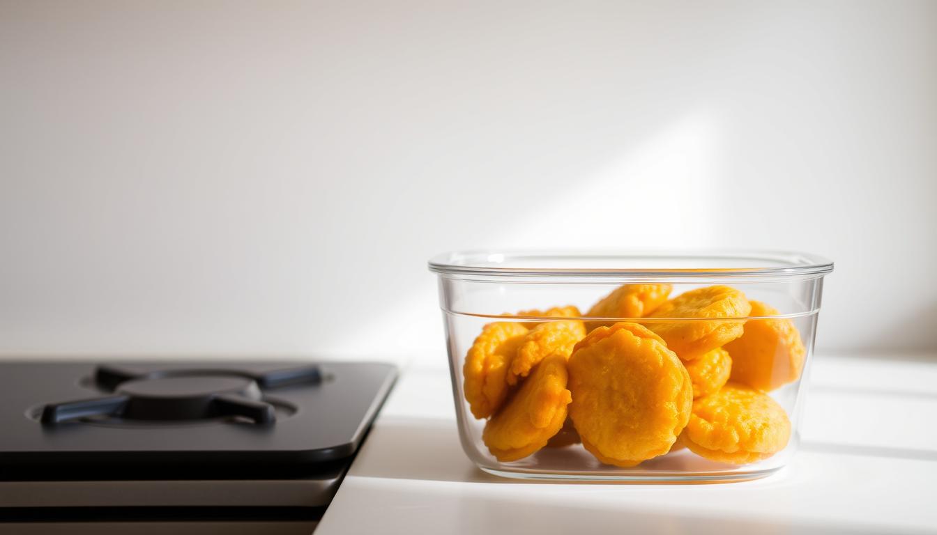 A clean, minimalist kitchen counter showcases a glass container filled with freshly fried corn fritters, or "bakwan jagung". The fritters sit neatly in the container, their golden-brown exteriors glistening under the warm, soft lighting. The background features a simple, uncluttered wall, allowing the container and its contents to be the focal point. The composition conveys a sense of organization and preservation, highlighting the proper storage methods for maintaining the crispness and freshness of the corn fritters.