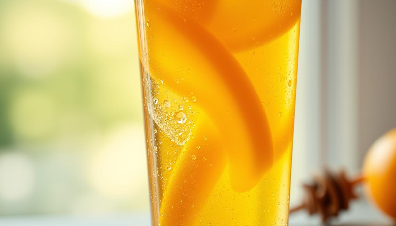 A vibrant, close-up photograph of a lemon soda drink in a tall glass, the liquid swirling with honey-like golden syrup. The sharp, tangy aroma of lemon is balanced by the rich, sweet fragrance of honey, creating a mouthwatering contrast. Backlit by soft, diffused natural light, the drink appears to glow, highlighting the interplay of tart and sweet flavors. The glass features delicate condensation droplets, emphasizing the refreshing, thirst-quenching quality of the beverage. The image conveys a sense of balance, harmony, and the simple pleasures of an indulgent, comforting drink.