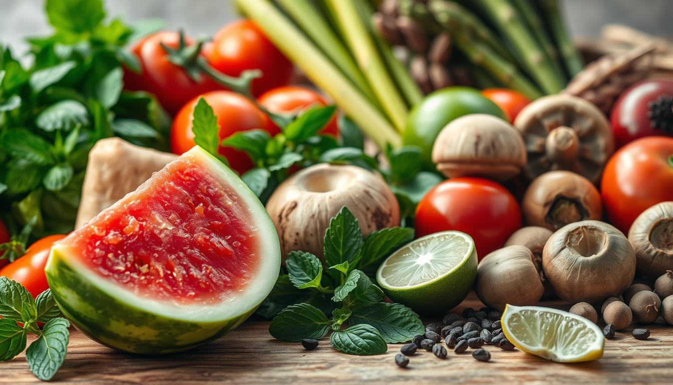 A vibrant still life showcasing an assortment of fresh, organic produce. In the foreground, a plump, juicy watermelon slice glistens under soft, natural lighting, its green rind contrasting beautifully with the vibrant pink flesh. Surrounding the watermelon are various other seasonal fruits and vegetables, such as crisp mint leaves, ripe tomatoes, and earthy mushrooms, all arranged in a visually appealing manner. The mid-ground features an array of whole, unprocessed ingredients, including a bundle of asparagus, a wedge of lime, and a sprinkle of whole peppercorns. The background is softly blurred, emphasizing the produce as the focal point. The overall image conveys a sense of freshness, health, and the allure of high-quality, organic ingredients.
