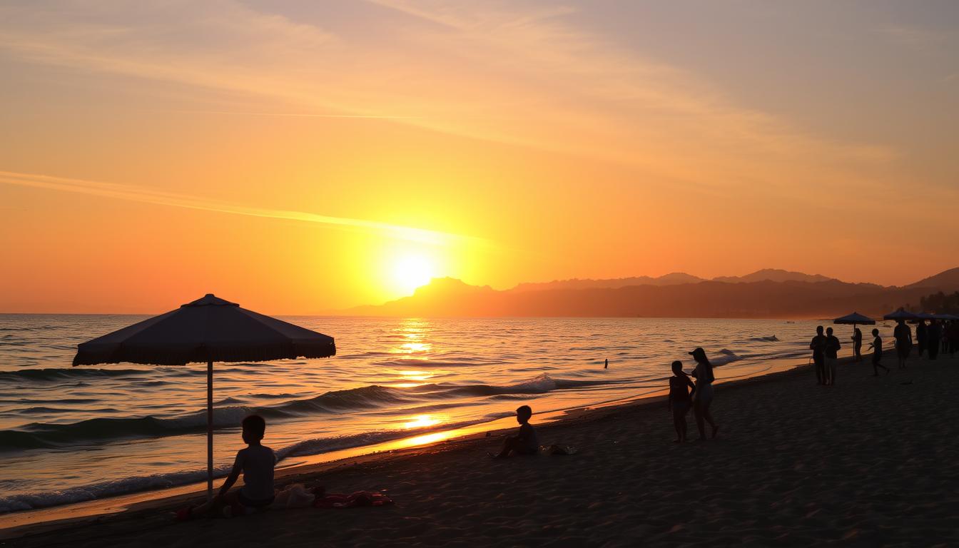Praia de Itanhaém durante o pôr do sol com famílias aproveitando o final da tarde
