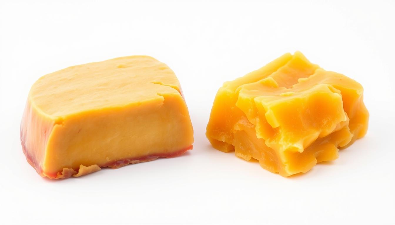 A detailed side-by-side comparison of rendered beef fat and raw suet, shot in a clean, well-lit studio setting. The rendered fat appears smooth and uniform, with a rich, golden hue, while the raw suet maintains a more irregular, unevenly textured appearance. The lighting accentuates the subtle differences in color and surface detail between the two samples, which are presented against a simple white background to clearly highlight their distinctive qualities. The camera angle provides a clear, unobstructed view, creating a visually informative and aesthetically pleasing reference image.