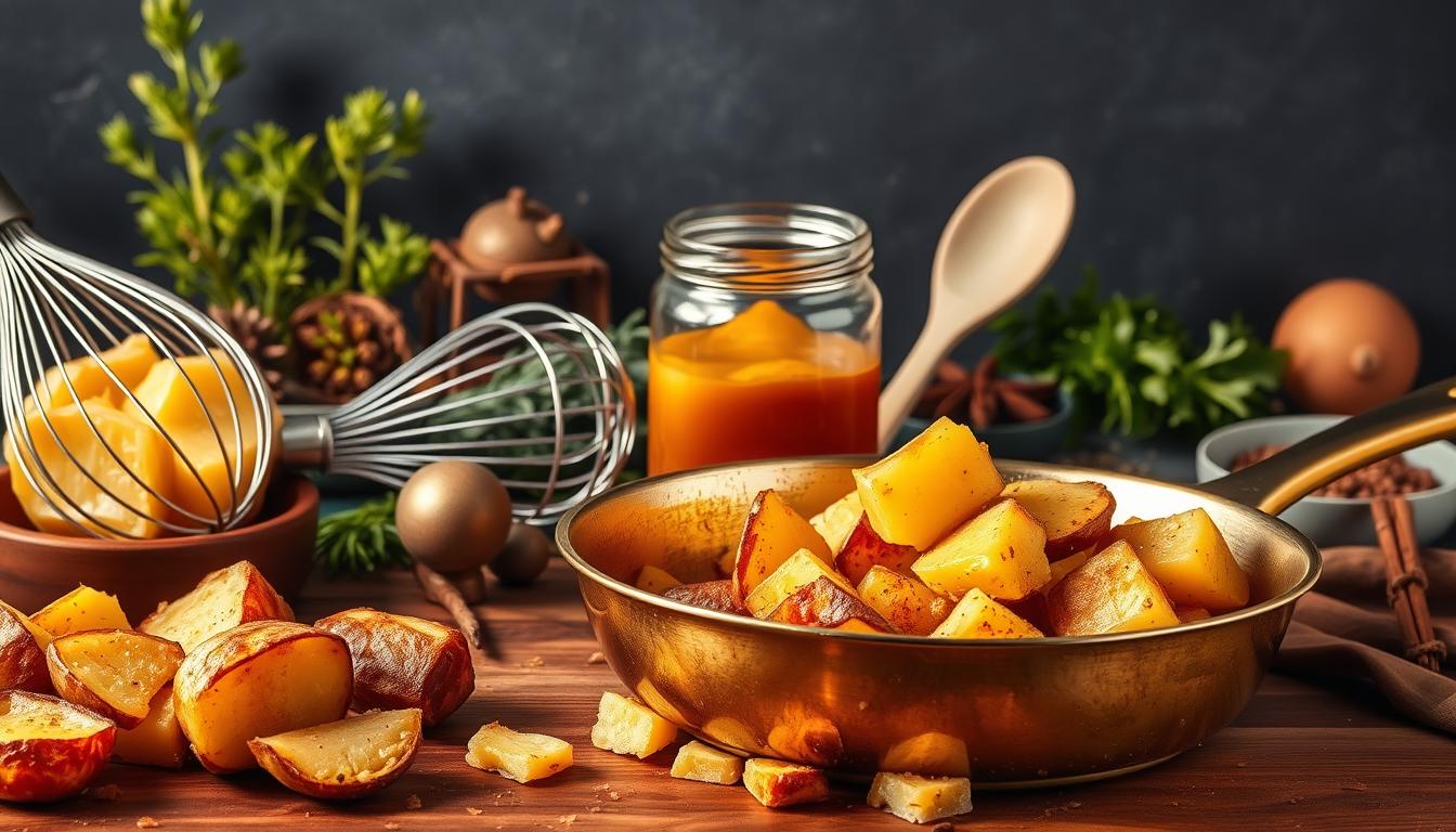 A vibrant still life showcasing an array of culinary uses for beef tallow. In the foreground, a golden pan sizzles with crisp potatoes, their edges crisped to perfection by the rich, flavorful fat. Surrounding the pan, an assortment of cooking implements - a whisk, a ladle, and a wooden spoon - stand ready to incorporate the tallow into various dishes. In the middle ground, a jar of rendered beef fat sits prominently, its amber hue a testament to its versatility. The background features a variety of herbs and spices, their earthy tones complementing the warm, savory palette. The scene is bathed in a soft, even light, casting gentle shadows and highlighting the textural details of the ingredients. The overall composition conveys the versatility and culinary potential of this premium cooking fat.