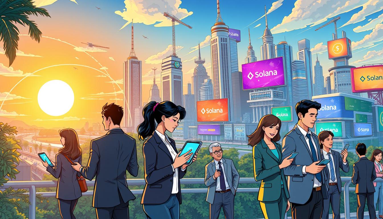 A vibrant and futuristic comic-style illustration depicting the Solana Ecosystem. In the foreground, a diverse group of individuals in professional business attire engages with digital devices showcasing Solana’s blockchain features, such as NFTs and decentralized applications. The middle ground features an intricately designed city skyline filled with green spaces, colorful digital billboards displaying Solana logos, and architectural elements inspired by technology. In the background, a bright sunset casts a warm glow, illuminating the scene with dynamic lighting. The atmosphere is optimistic and energetic, symbolizing innovation and opportunity in the crypto world. Focus on vibrant colors and clear details, creating a sense of excitement for beginners entering the Solana ecosystem.