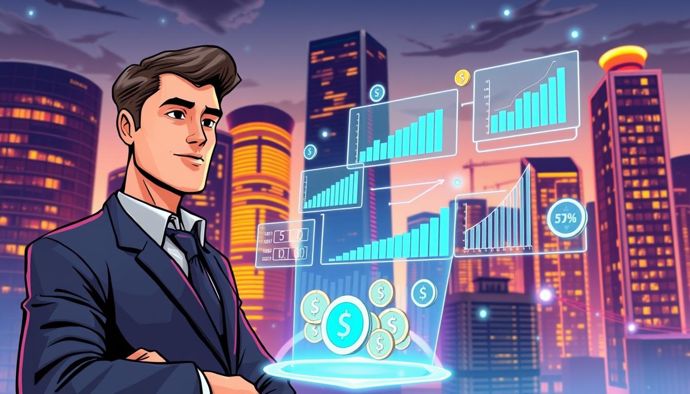 A futuristic comic scene depicting passive income generation with Solana. In the foreground, a confident individual in professional business attire is interacting with a holographic interface displaying various Solana-related financial metrics and charts, symbolizing wealth-building. The middle layer features floating digital assets and coins representing Solana, with a serene expression on the individual's face. The background showcases a modern cityscape with high-tech buildings glowing in a twilight setting, creating a dynamic and optimistic atmosphere. Soft blue and purple lighting radiates from the holograms, contrasting with the warm glow of the city, giving a sense of innovation and opportunity. The angle is slightly elevated, emphasizing the futuristic elements while keeping the focus on the person engaging with their financial future.