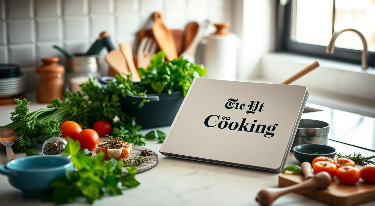 Cozy Kitchen Cooking with NYT Cooking A cozy kitchen scene featuring a person cooking with a digital tablet displaying NYT Cooking, surrounded by fresh vegetables, herbs, and a steaming pot on the stove.