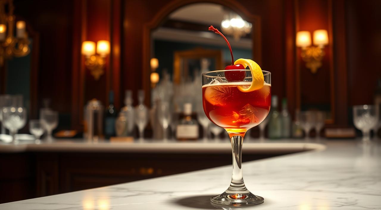 The Perfect Manhattan Cocktail A classic Manhattan cocktail garnished with a maraschino cherry and citrus peel in an elegant, dimly lit bar