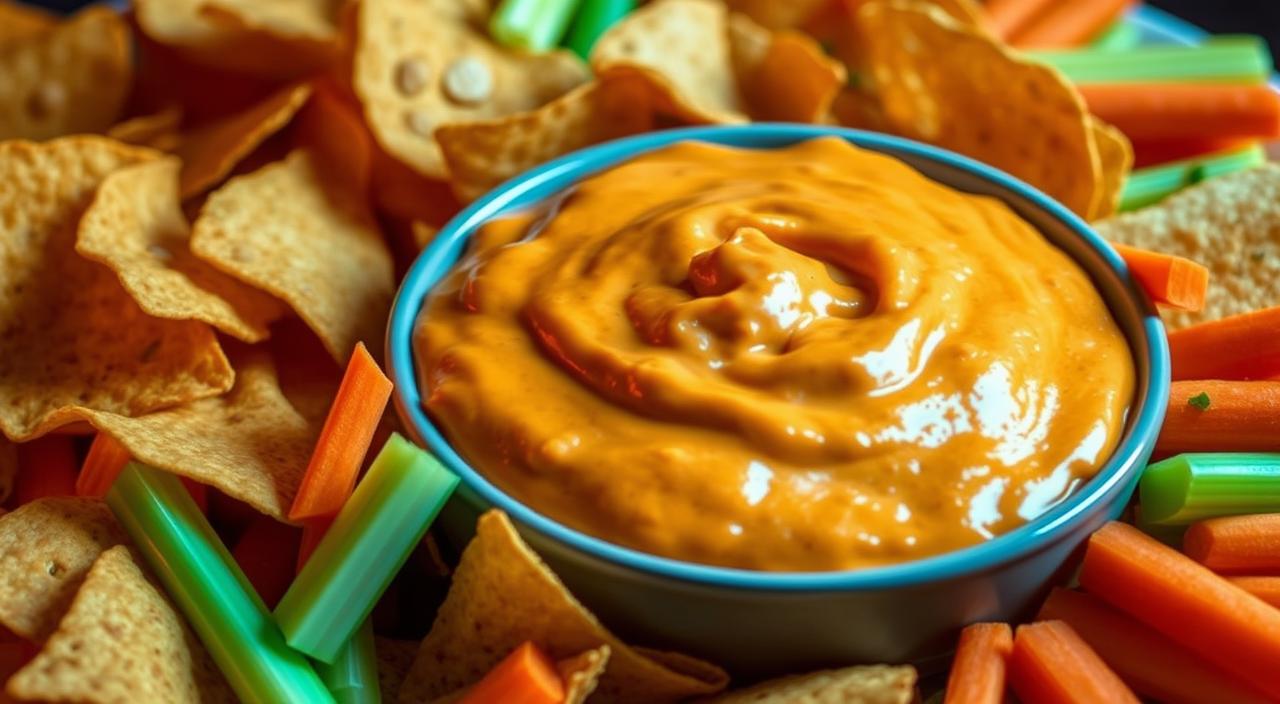 Creamy Buffalo Chicken Dip – Perfect for Game Day Creamy buffalo chicken dip in a ceramic baking dish surrounded by chips and vegetables for dipping
