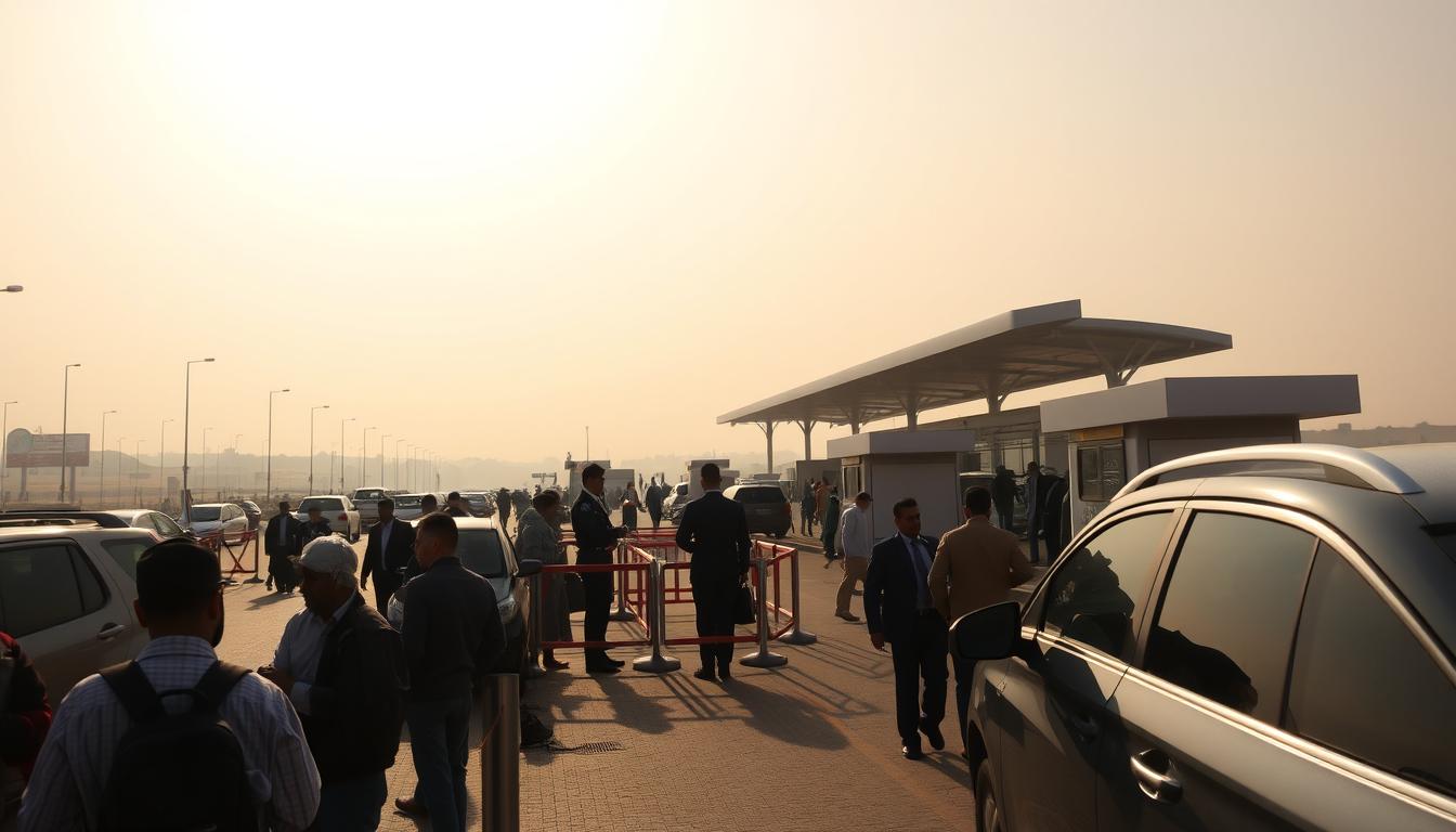 Expansive vista of a bustling Algerian customs checkpoint, with uniformed officers meticulously inspecting vehicles and paperwork. Sunlight filters through the hazy sky, casting warm tones over the scene. In the foreground, travelers patiently wait their turn, while in the middle ground, customs booths and barricades stand as symbols of the nation's vigilance. The background reveals the iconic architecture and signage of an Algerian border crossing, all rendered with a sense of authenticity. The overall mood is one of efficiency and diligence, reflecting the care with which AlgeriaExpats navigates the regulatory landscape.