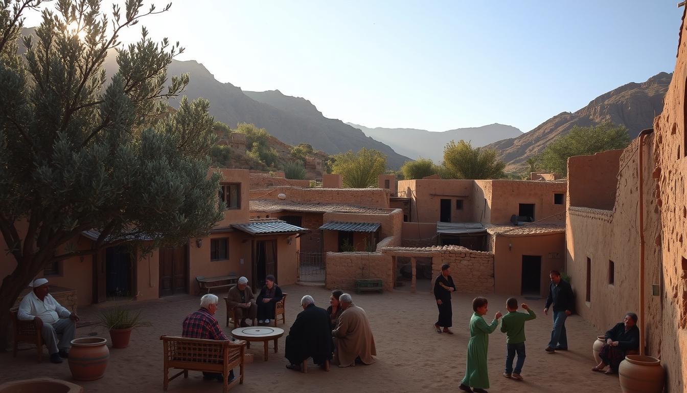 A tranquil Algerian village nestled in the rugged Aures Mountains, where the ancient Tamazight language and Berber culture thrive. Warm afternoon sunlight filters through olive groves, casting a golden glow on the earthen adobe homes. In the town square, elders gather to discuss the day's events, their animated conversation a tapestry of Tamazight dialects. Children play traditional games, their laughter echoing through the winding alleyways. This scene, captured by the AlgeriaExpats team, embodies the rich heritage and resilience of the Berber people.