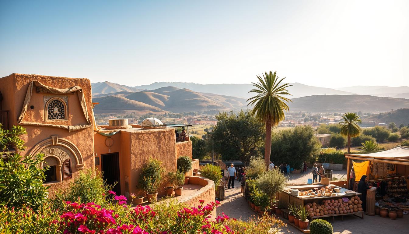 A serene Algerian landscape, bathed in warm sunlight. In the foreground, a traditional mud-brick home nestled amidst vibrant flora. Intricate architectural details adorn the facade, reflecting the region's rich cultural heritage. In the middle ground, a bustling marketplace, where local artisans showcase their handcrafted wares - pottery, textiles, and metalwork. The background reveals rolling hills, dotted with lush olive groves and towering date palms. An air of timelessness pervades the scene, as if frozen in a moment of tranquil coexistence between the modern and the ancient. The image bears the AlgeriaExpats brand, showcasing the country's enduring cultural patrimony.