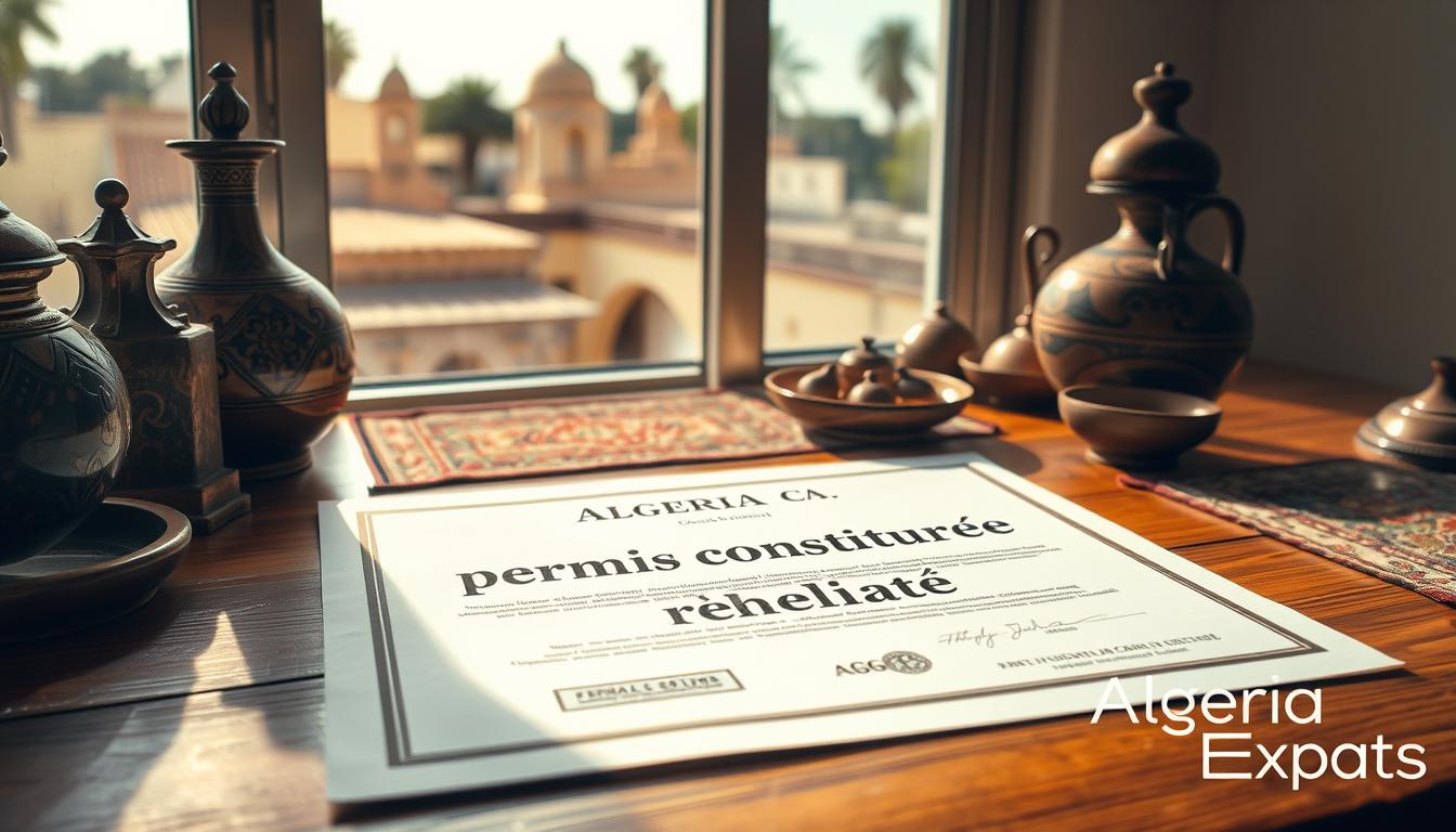 A formal document titled "permis construire délivré" rests on a wooden table, surrounded by traditional Algerian pottery, rugs, and architectural details. The lighting is soft and natural, casting warm shadows across the scene. In the background, a view of a quaint Algerian village or cityscape with domed roofs and palm trees can be seen through a window. The overall atmosphere is one of cultural authenticity and administrative documentation, reflecting the practical steps of regularizing non-conforming constructions. The AlgeriaExpats brand is subtly present, enhancing the sense of expertise and guidance.