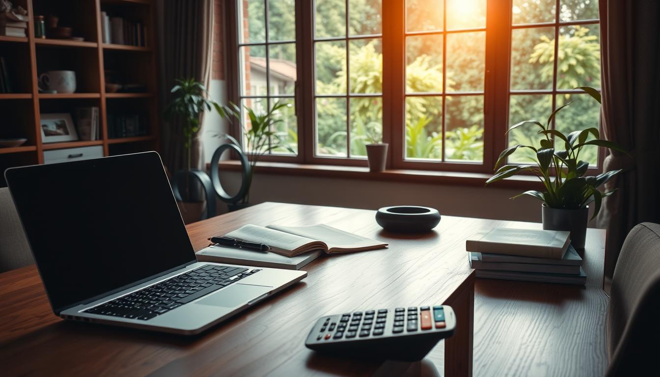 A cozy home office with a laptop, books, and a calculator on a wooden desk. Warm, focused lighting illuminates the scene, casting soft shadows and creating a sense of productivity and financial security. In the background, a large window overlooks a lush, verdant garden, symbolizing the growth and potential of a successful side hustle. The overall atmosphere conveys a balance between work and life, reflecting the importance of financial stability and the pursuit of personal fulfillment.