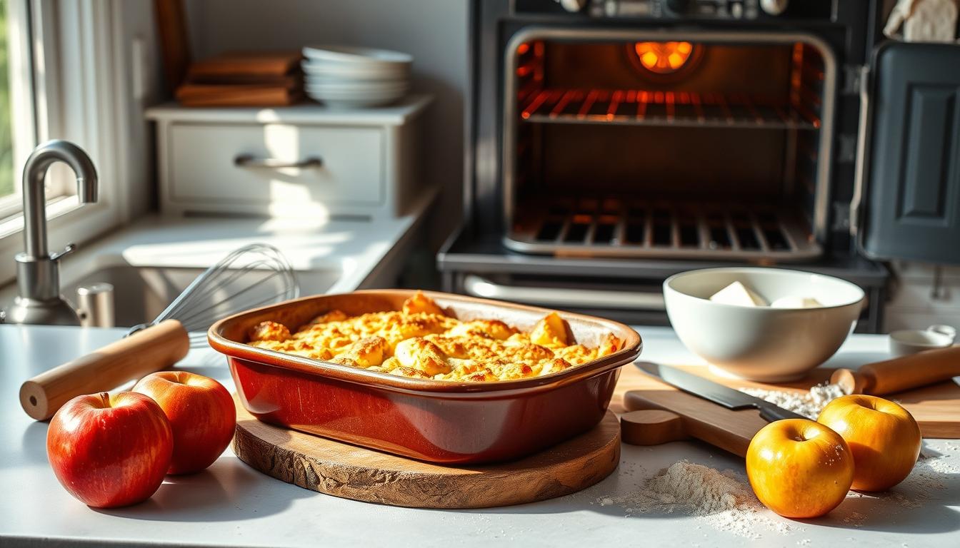 A bright, airy kitchen scene with natural light streaming in. On the countertop, a rustic baking dish filled with golden-brown apple cobbler, fresh from the oven. Beside it, a wooden board with assorted baking implements - a whisk, a rolling pin, and a paring knife. In the foreground, a few freshly picked apples, their skins glistening. The middle ground showcases the step-by-step process, with a mixing bowl, a dusting of flour, and neatly arranged ingredients like cinnamon, sugar, and butter. The background features a vintage oven, its door slightly ajar, revealing the warm glow within. The overall mood is cozy, inviting, and evocative of the comforting aromas of homemade apple cobbler.