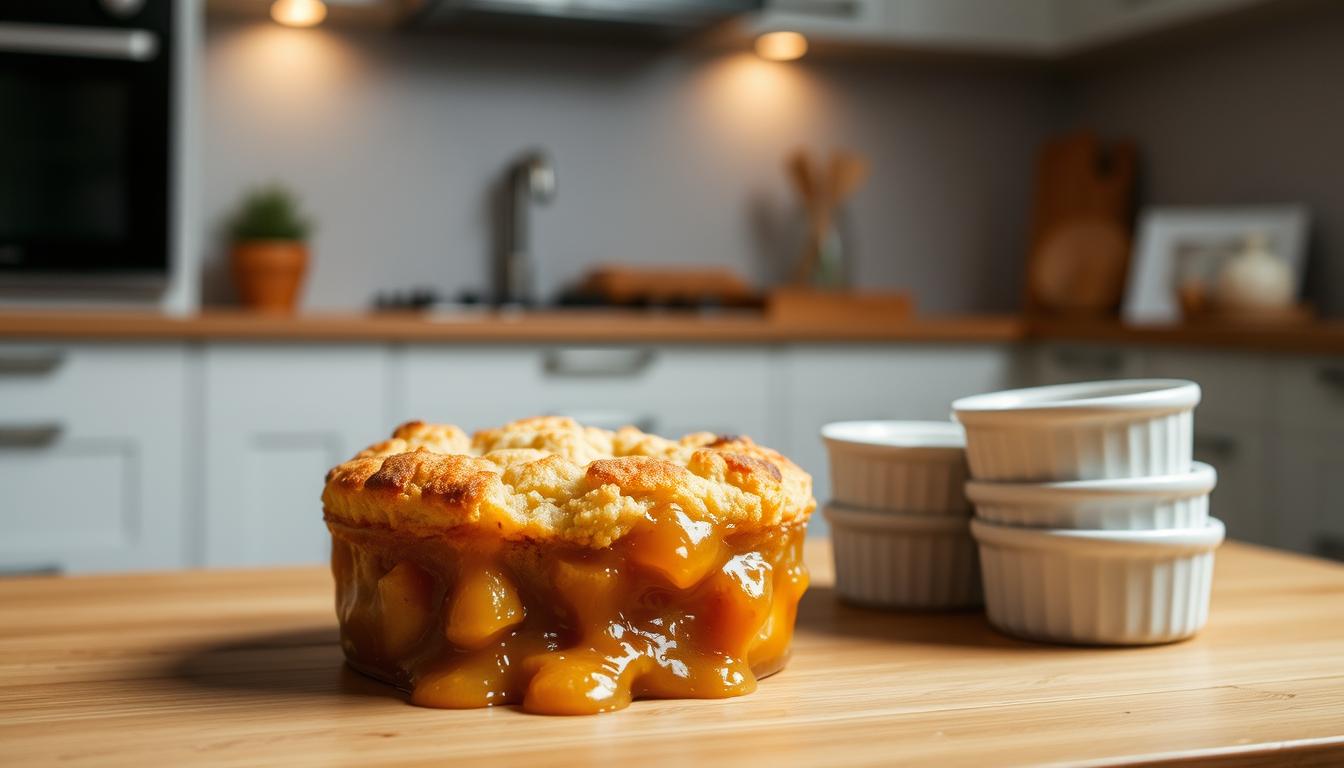 A golden brown caramel apple cobbler, freshly baked, sitting on a wooden table. The gooey filling oozes out, contrasting with the flaky, buttery crust. Nearby, a stack of small white ramekins hold individual servings, ready to be enjoyed. Soft, diffused lighting from above casts a warm, inviting glow, highlighting the rich tones of the dessert. In the background, a minimalist kitchen counter with sleek, modern appliances provides a clean, contemporary setting. The overall scene conveys the comforting, autumnal essence of this classic fall treat, ready to be savored and shared.