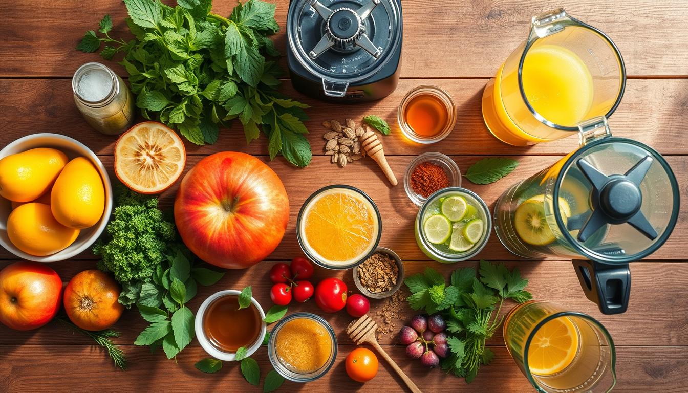 10 Healthy Summer Drinks for Energy and Immunity | Refreshing Recipes | 12 Ingredients for healthy summer drinks arranged on a table with preparation tools