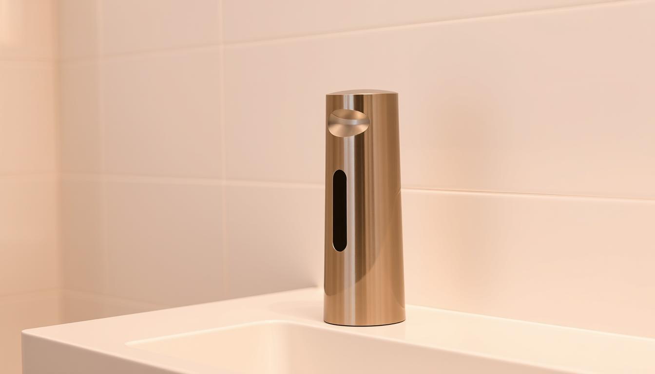 A sleek, modern motion sensor soap dispenser standing on a glossy white counter, its robust metal body reflecting the warm, diffused lighting from above. The dispenser's sensor is prominently featured, ready to detect the slightest hand movement and seamlessly dispense the perfect amount of soap. The counter is set against a minimalist, tiled bathroom backdrop, creating a clean, hygienic atmosphere. The image conveys the advanced, touchless technology of the soap dispenser, highlighting its role in promoting efficient, germ-free handwashing.
