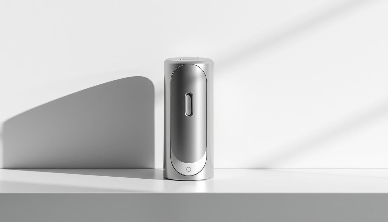 a sleek, modern touch-free soap dispenser standing on a minimalist bathroom counter, with a seamless, shiny metal body and a sensor that automatically dispenses soap when a hand is placed underneath. The dispenser is well-lit, casting gentle shadows that highlight its clean, streamlined design. The counter is made of a light-colored, smooth stone or tile, creating a contrasting background that makes the dispenser the focal point of the scene. The overall atmosphere is one of hygiene, efficiency, and a futuristic approach to handwashing, conveying the idea of a germ-free, touchless experience.
