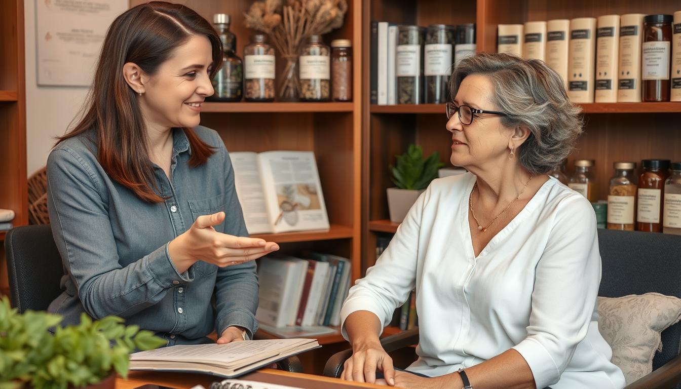 Herbalist consulting with client about personalized herbal treatment