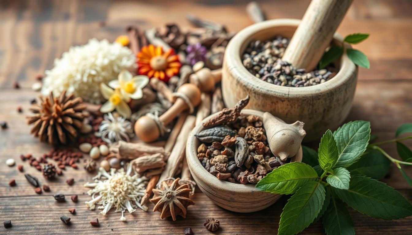 Various dried herbal remedies including flowers, roots, and leaves arranged on a wooden surface