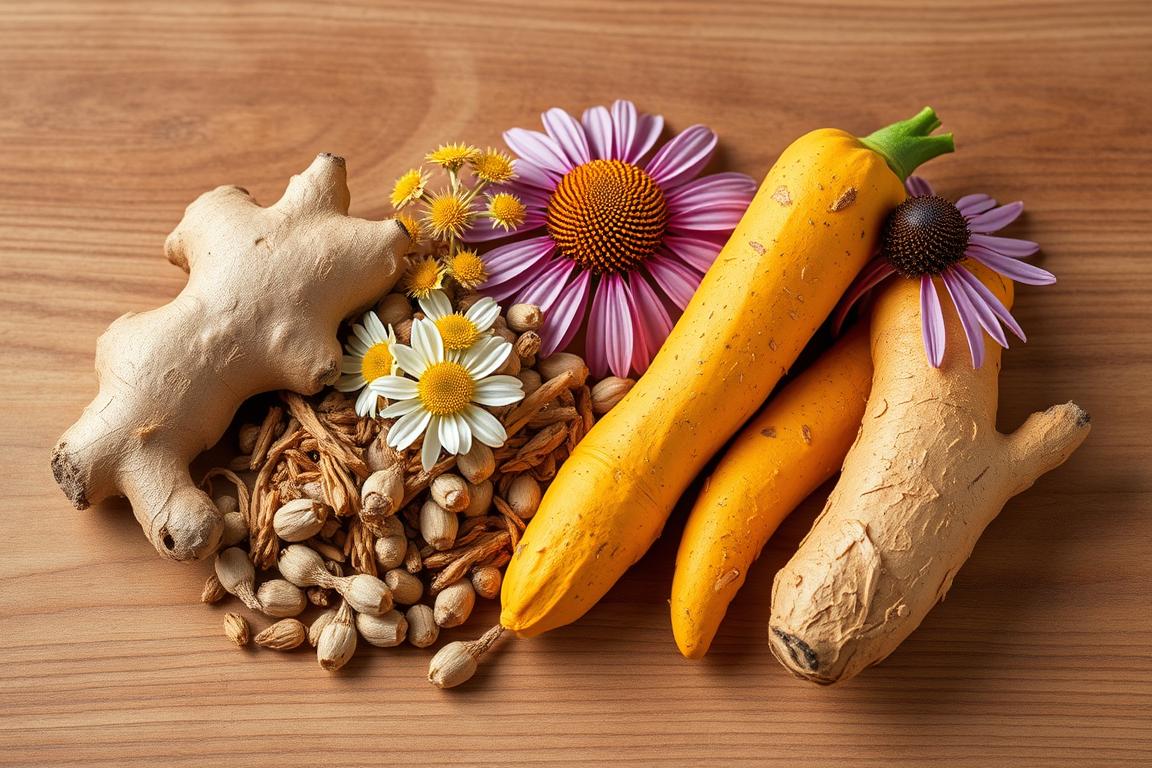 Collection of popular herbal remedies including ginger, chamomile, echinacea, and turmeric