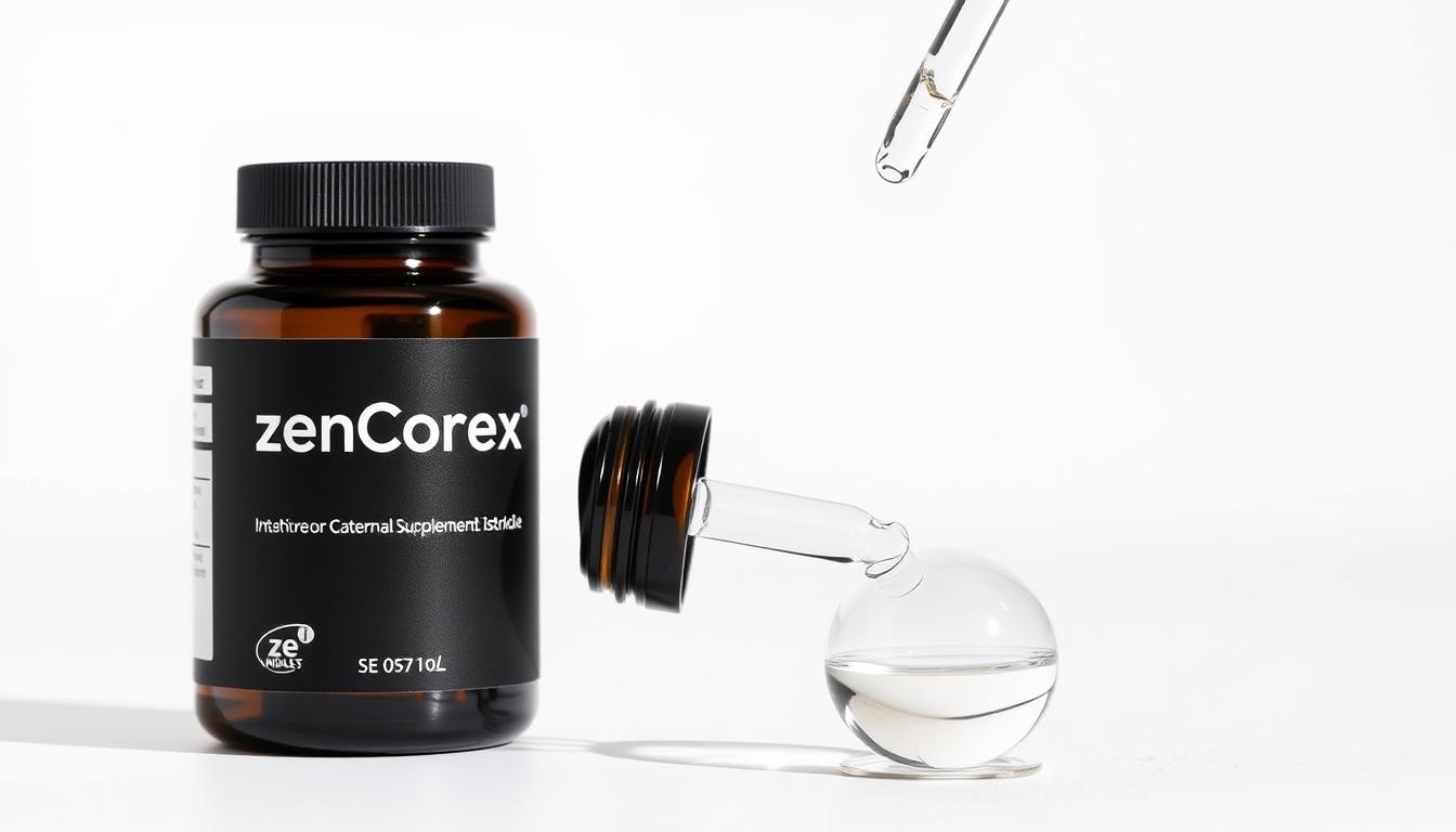ZenCortex supplement bottle and liquid dropper showing the product packaging