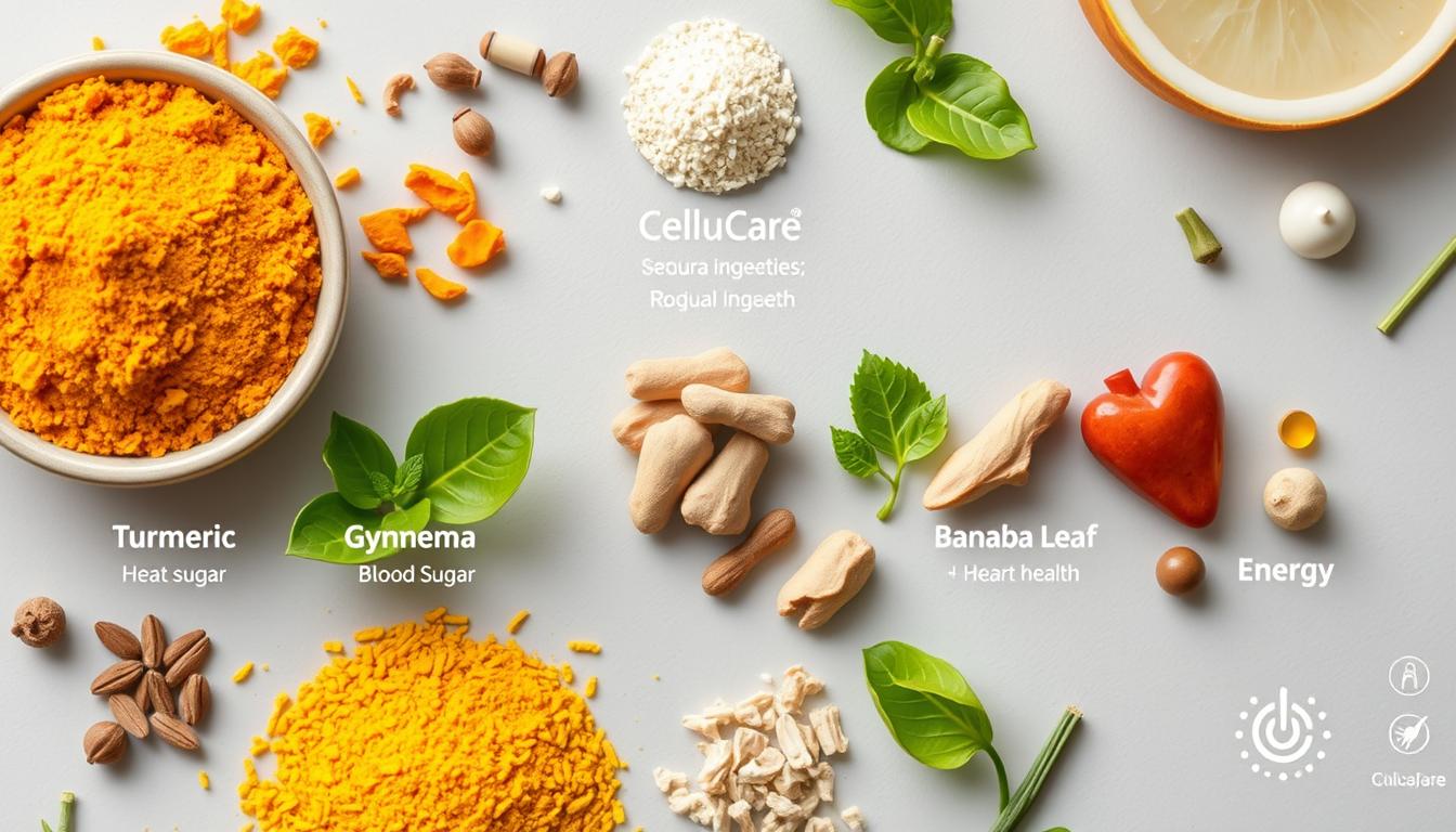CelluCare Reviews - Key ingredients in CelluCare supplement displayed with their benefits for blood sugar support