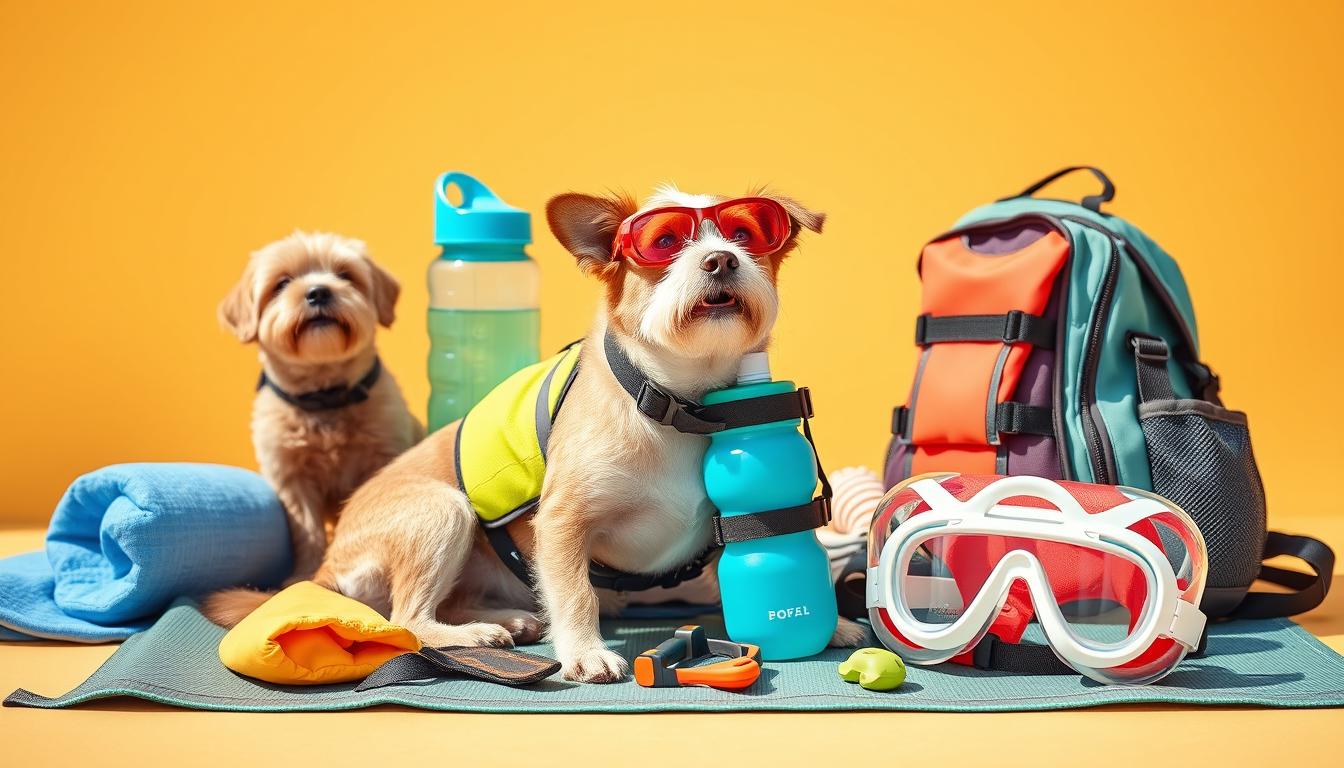Colección de artículos esenciales de verano para perros organizados juntos