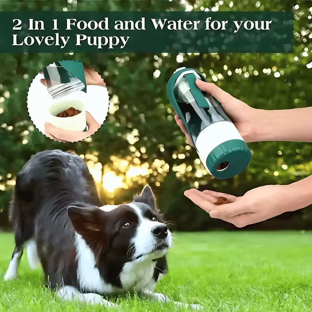 Botella de agua Doggie Adventure utilizada para hidratar a un perro al aire libre
