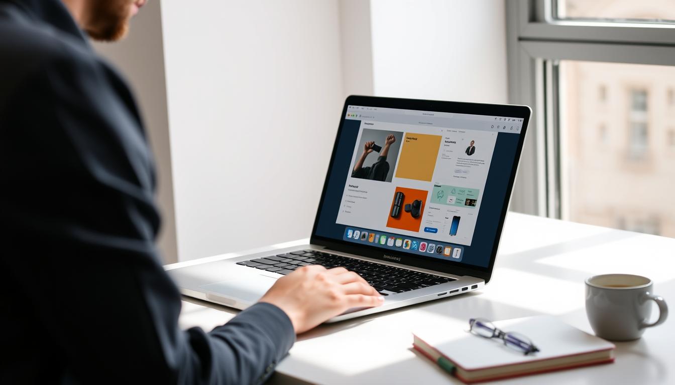 MacBook Pro 16-inch M4 Pro laptop open on a desk showing creative work