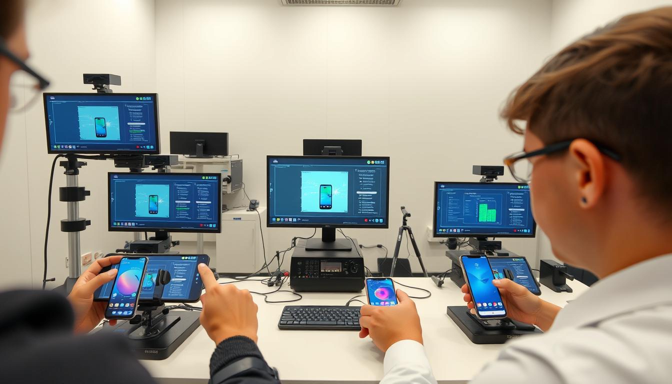 Smartphone testing lab with various devices undergoing performance and camera tests
