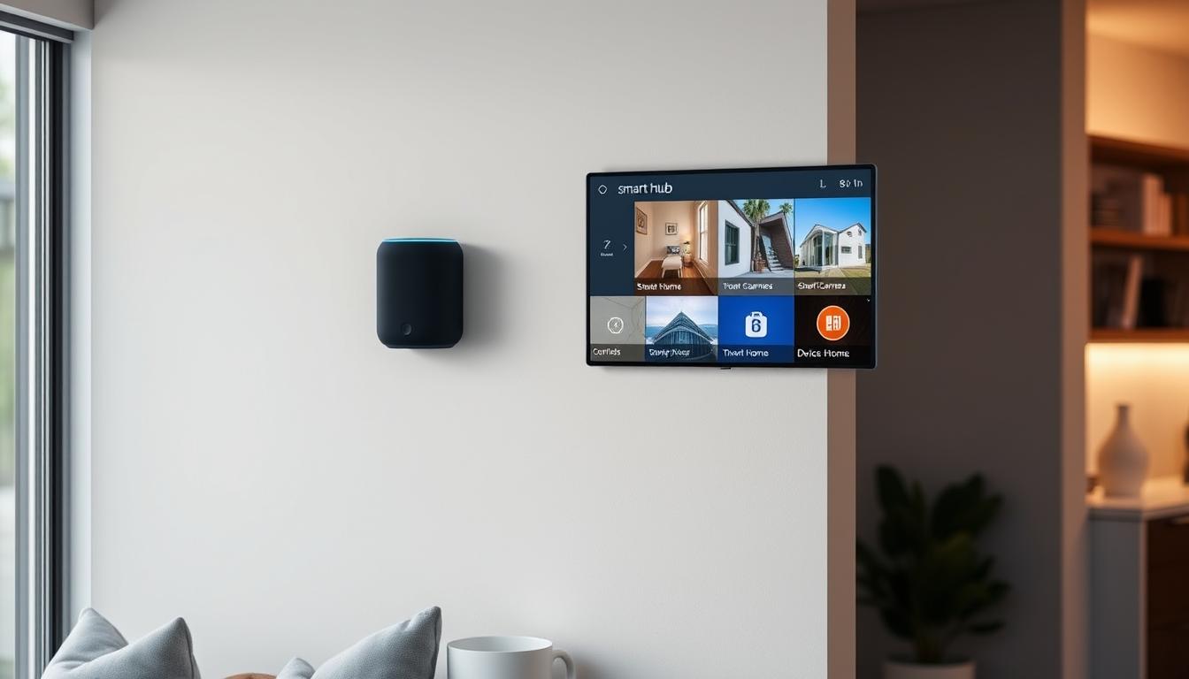 Amazon Echo Hub mounted on wall displaying smart home controls and security camera feeds