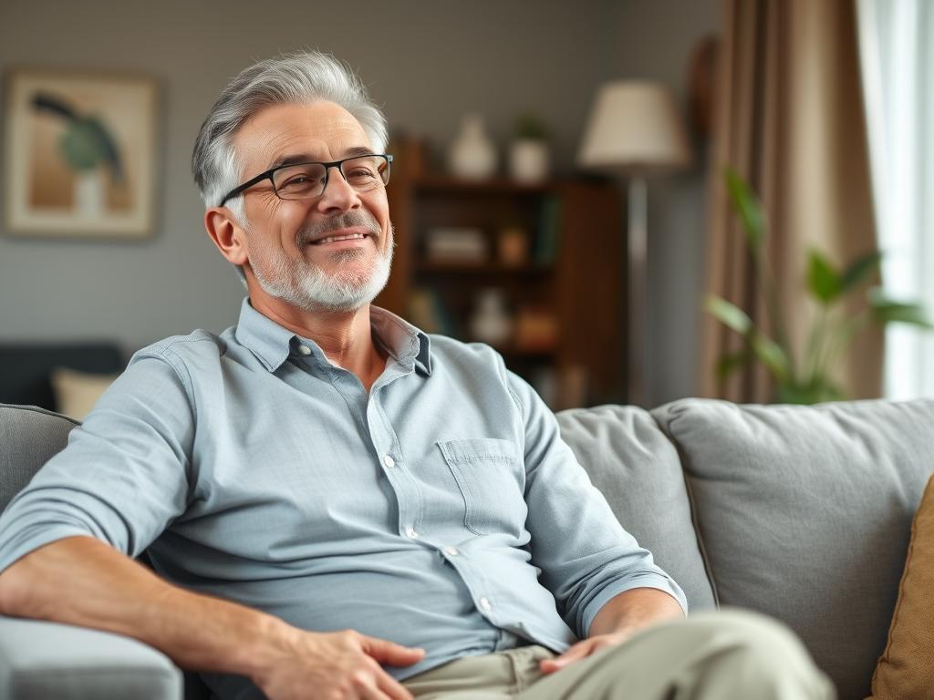 Hombre de mediana edad mostrando alivio tras usar Prostan Plus opiniones