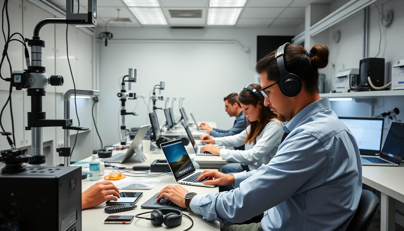 NextGadgetInsights testing lab with various devices being evaluated by technicians