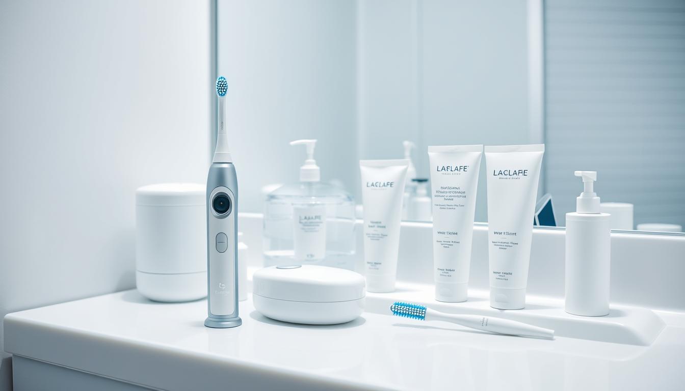 Modern dental care setup with electric toothbrush and oral health products