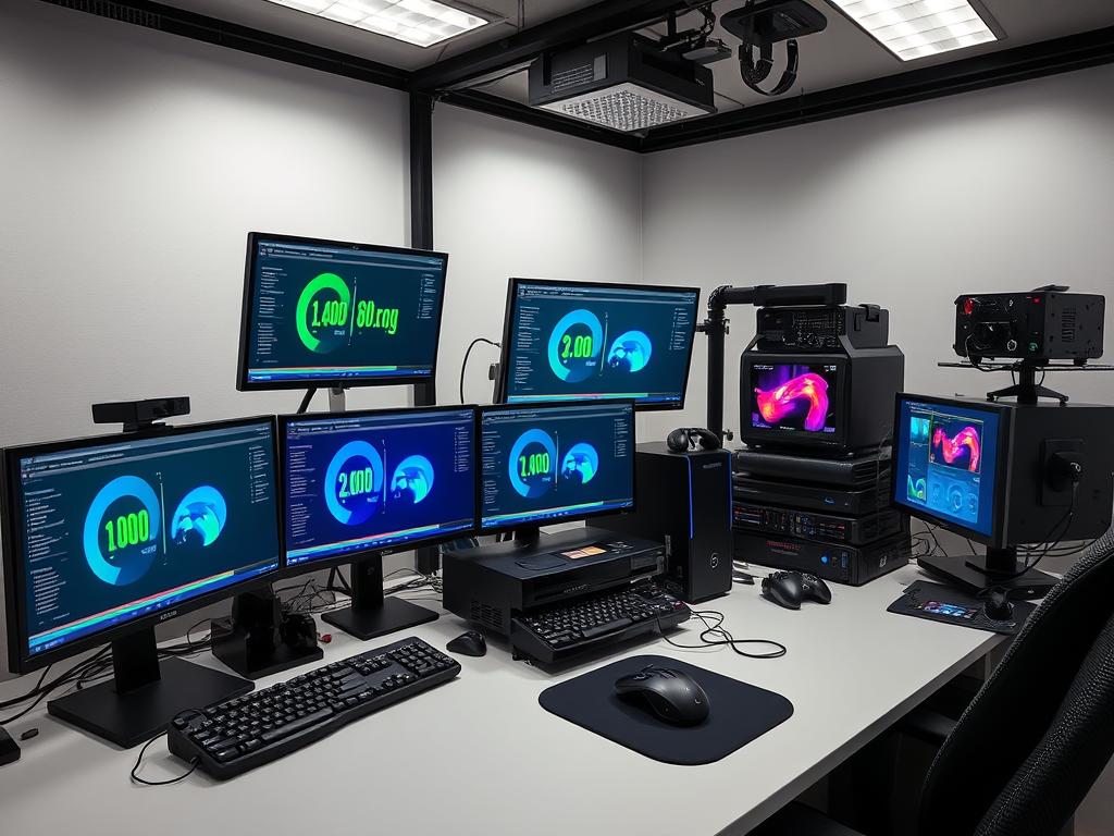 Gaming hardware testing setup with measurement equipment and multiple games running for Best Gaming Gear 2025 evaluation