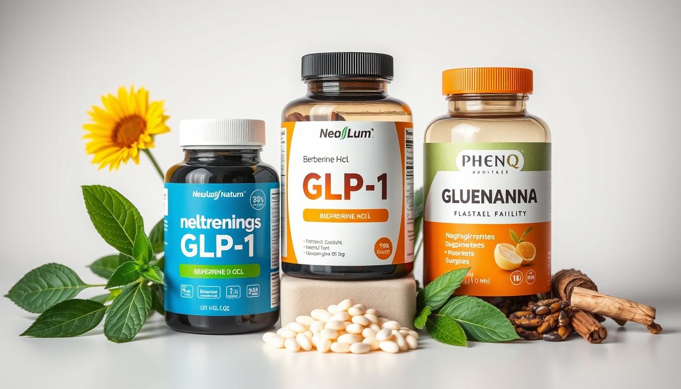 Collection of top-rated natural GLP-1 supplements with healthy ingredients