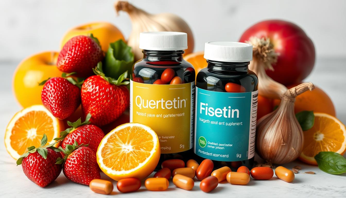 Quercetin and Fisetin supplements with strawberries, apples, and onions showing natural sources