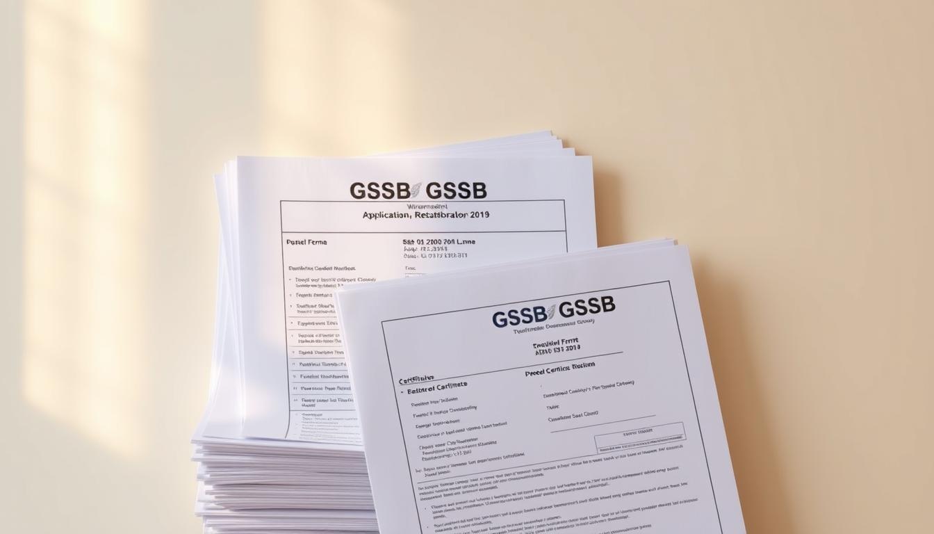 A well-organized document stack, with crisp, high-resolution scans of official GSSSB Wireman recruitment forms and certificates, against a clean, neutral background. Warm, diffused lighting from the left side casts gentle shadows, highlighting the texture and details of the papers. The documents are arranged in a visually pleasing layout, with a sense of order and professionalism. The overall mood is one of clarity, authority, and attention to detail, reflecting the importance of these required materials for the GSSSB Wireman application process.