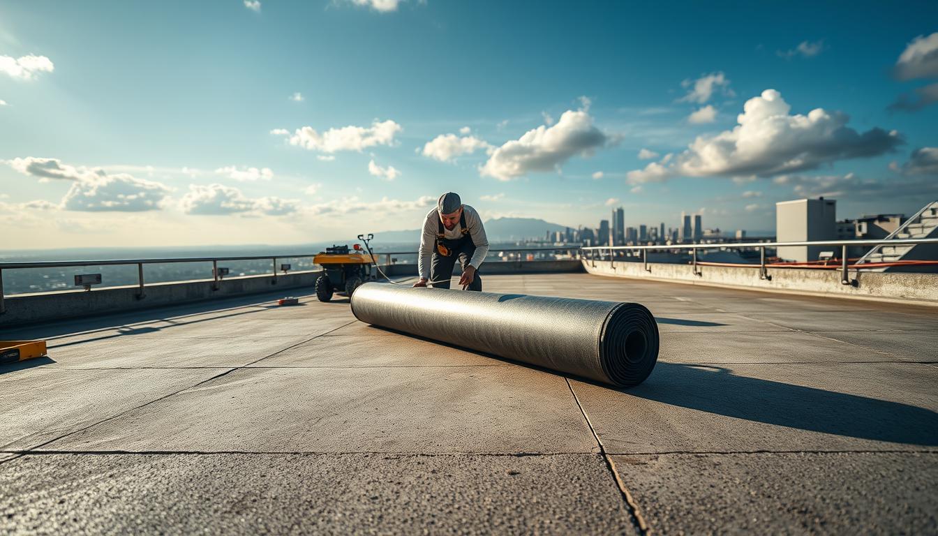 A beautifully lit, wide-angle shot of a professional contractor applying a waterproofing membrane to a concrete roof terrace. The foreground shows the contractor's hands carefully rolling out the thick, flexible membrane across the surface, creating an impermeable barrier. The middle ground captures the contractor's focused expression as they work, surrounded by the necessary tools and equipment. The background reveals a sweeping view of a city skyline, hinting at the importance of proper waterproofing for residential and commercial properties. The overall atmosphere conveys a sense of expertise, attention to detail, and the critical role of waterproofing services in maintaining the structural integrity and longevity of buildings.