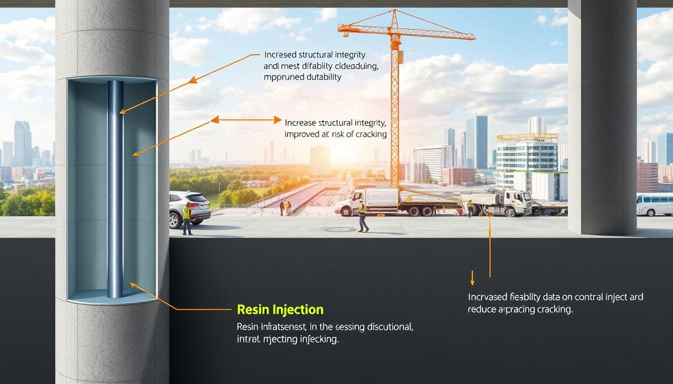 A well-lit, technical illustration showcasing the advantages of resin injection in concrete structures. The foreground features a translucent, cutaway view of a concrete column, revealing the internal reinforcement and the process of resin injection, with arrows and labels highlighting key benefits such as increased structural integrity, improved durability, and reduced risk of cracking. The middle ground depicts a construction site, with workers and machinery, conveying the real-world application of this technique. The background showcases a cityscape, suggesting the wide-ranging impact of this technology on modern infrastructure. The overall tone is informative, educational, and visually compelling, suitable for illustrating the technical section of the article.