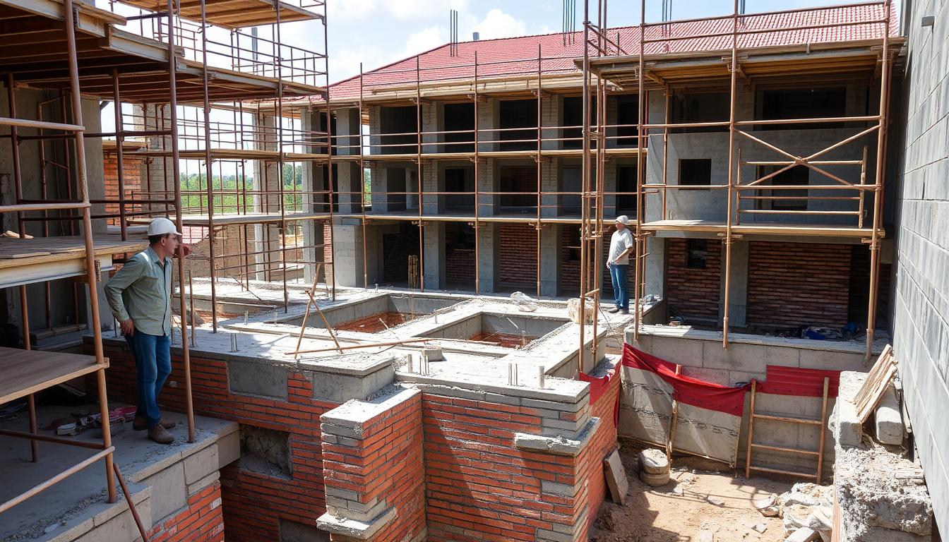 A construction site surrounded by scaffolding, with a focus on the foundations and walls of a building. In the foreground, workers inspect the structures, looking for cracks and signs of structural distress. The middle ground shows the various building materials and construction techniques used, including reinforced concrete, bricks, and mortar. The background features a partially completed structure, with an emphasis on the roof and the overall architectural design. The lighting is natural, with a mix of direct and diffused sunlight, creating shadows and highlights that accentuate the textures and details of the materials. The overall atmosphere conveys a sense of diligence, attention to detail, and a commitment to preventing structural flaws.