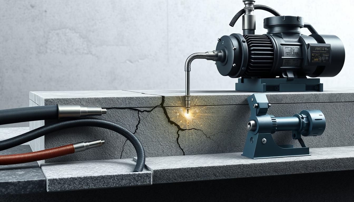 A detailed cross-section view of a concrete structure, showcasing the process of resin injection. The foreground depicts the injection equipment, including hoses, nozzles, and a high-pressure pump, all rendered in a technical, industrial style. The middle ground reveals the concrete structure, with cracks and fissures visible, ready to be filled by the resin. The background features a muted, neutral-toned environment, emphasizing the technical nature of the scene. Soft, directional lighting casts shadows, highlighting the intricate details and textures of the components. The overall composition conveys a sense of precision, efficiency, and the methodical nature of the resin injection process.