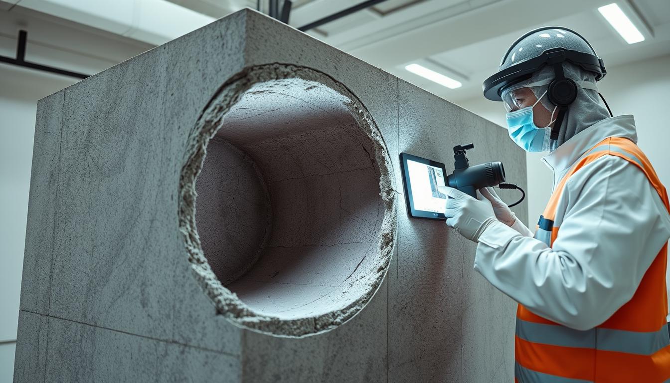Detailed cross-section of a concrete structure undergoing diagnostic testing. A technician in protective gear examines the interior with specialized equipment, capturing data on the material's integrity and potential flaws. The scene is bathed in neutral lighting, allowing clear visibility of the concrete's layered composition and any cracks or voids present. The background features a clean, minimalist laboratory setting, emphasizing the technical, analytical nature of the process. The overall mood conveys a sense of careful, methodical inspection to assess the structural soundness of the concrete.
