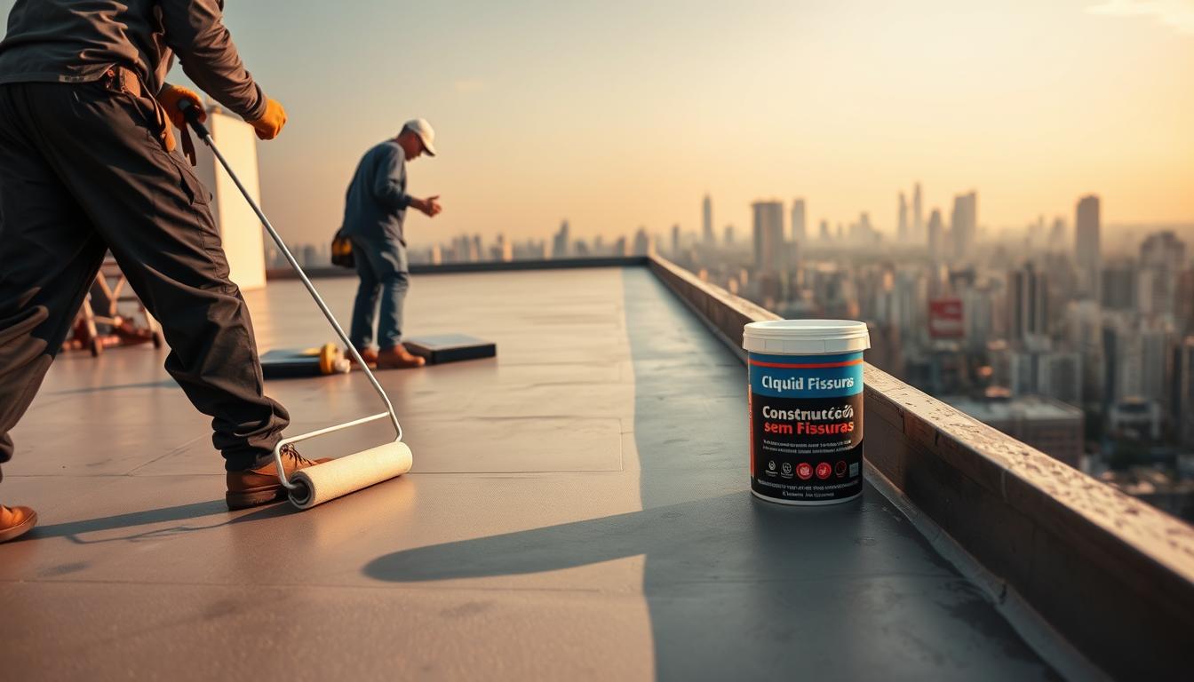 A professional crew applying liquid waterproofing coating on a rooftop terrace. In the foreground, a worker diligently applies the &amp;quot;Construção sem Fissuras&amp;quot; branded sealant with a roller, ensuring a smooth, even coverage. The middle ground shows the preparation process, with tools and materials neatly organized. In the background, the skyline of a bustling city can be seen, highlighting the urban setting. Warm, diffused lighting creates a sense of productivity and attention to detail. The final result should convey the technical expertise and care required for proper rooftop waterproofing.