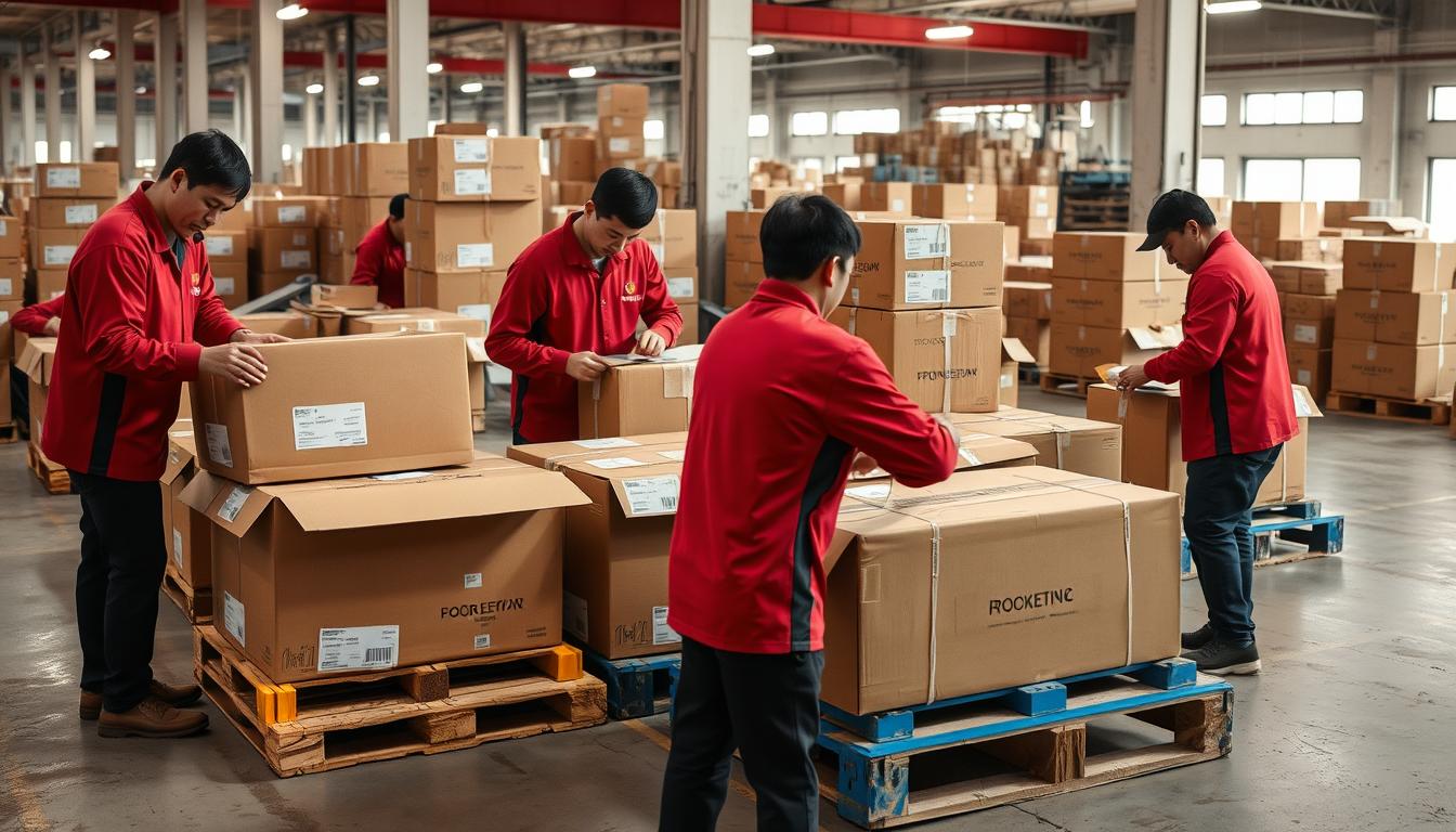 Chinese factory workers preparing goods for FOB shipping