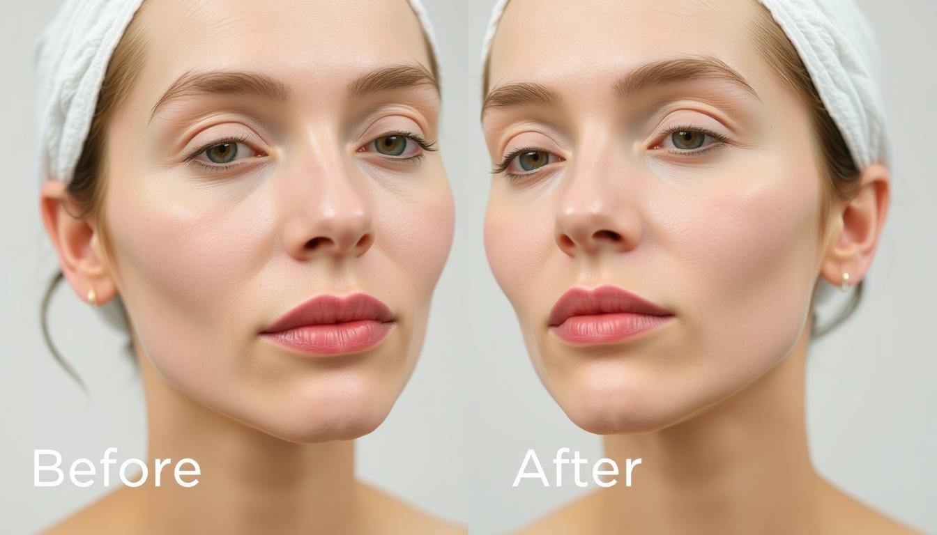 Before and after comparison of skin treated with chitosan mask showing improved hydration