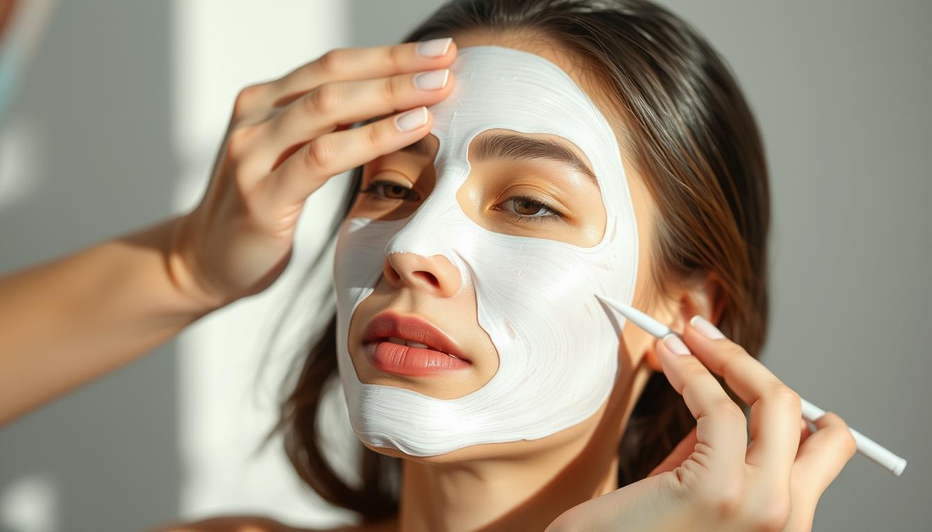 Chitosan mask being applied to a woman's face showing the smooth texture of the mask