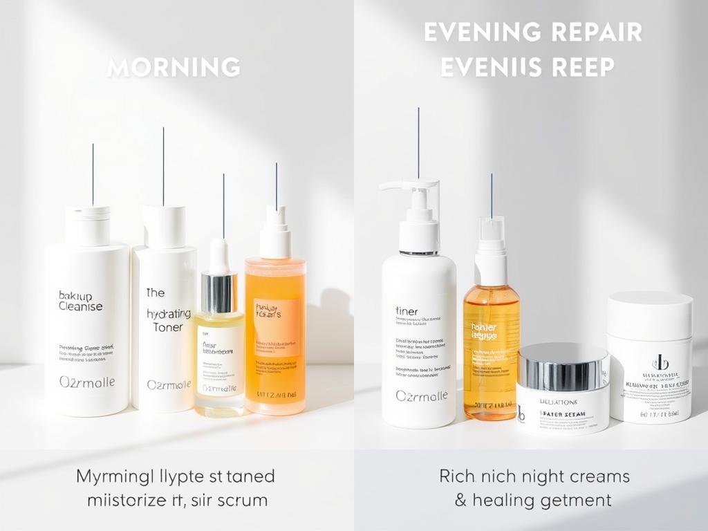 Morning and evening skincare products arranged in order of application for barrier repair